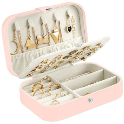 Image of CNMTCCO Jewellery Box Small Travel Jewelry Organiser Storage Case for Necklace Rings Bracelets Earrings Premium Faux PU Leather Gift Girls Women (Pink)