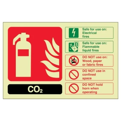 Image of V Safety Glow In The Dark Carbon Dioxide Co2 Id Fire Extinguisher Sign 150mm x 100mm Self Adhesive Vinyl