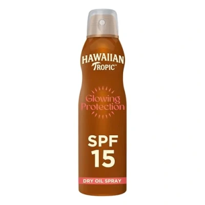 Image of Hawaiian Tropic Glowing Protection Sunscreen Dry Oil Spray Mist, Water Resistant SPF 15 UVA plus UVB Spray, Tropical Scent Sun Lotion with Island Botanicals, 177 ml