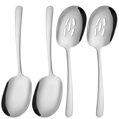 Image of 304 Stainless Steel Flatware Serving Utensils, Includes 2 Spoons and Slotted Spoons,Serving Set, Dishwasher Safe