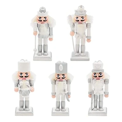 Image of Christmas Workshop 5pk Hanging Wooden Nutcrackers Silver &amp; White