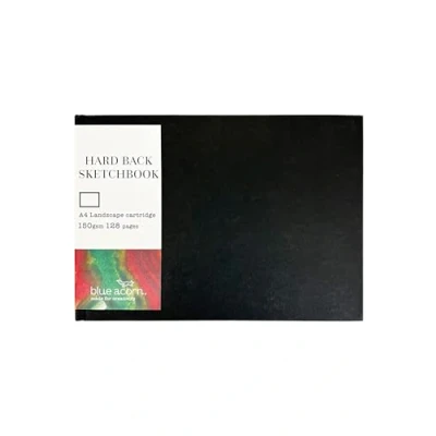 Image of BLUE ACORN A4 Landscape Hardback Sketchbook 64 Sheets 150gsm Multipurpose Cartridge Paper Black Cover with Page Marker Ideal for Light Washes of Paint, Pencils &amp; Sketching