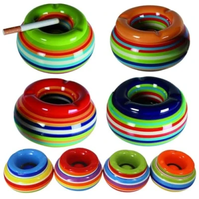 Image of Riyashop ashtray, wind ceramic table ashtray with lid, colourful stripes (blue)