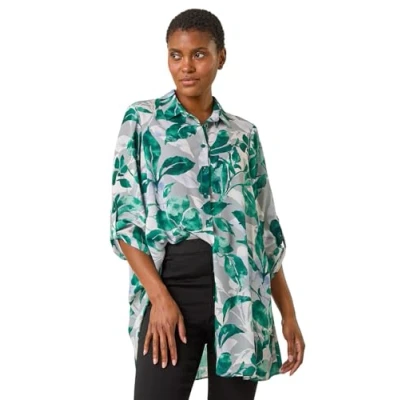 Image of Roman Originals Shirt for Women Ladies Cotton Blouse Button Through Tunic Printed Top Work Long Sleeve Smart Casual Going Out Office V Neck Everyday Evening Event Green &amp; Ivory Size 14