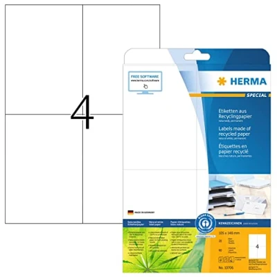 Image of HERMA Self Adhesive Recycling Labels, 4 Labels per A4 Sheet, 20 Sheets, 105 x 148 mm, 80 100% Recycled Paper Stickers, Sticky for Laser &amp; Inkjet Printer, Natural White