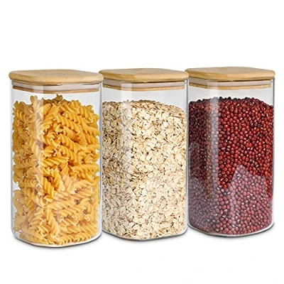 Image of ComSaf 1500ml Glass Jars with Bamboo Lids, Clear Airtight Food Storage Container Jar Sealing Lid, Canister Set for Pasta Flour Cereal Rice Sugar Tea Coffee Beans, of 3