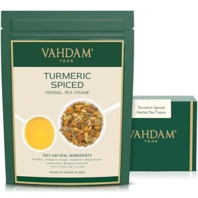 Image of VAHDAM, Turmeric Spice Herbal Tea 100g (50+ Cups) Caffeine Free, Non GMO, Gluten Free 100% Pure Tisane Savory &amp; Spicy Whole Loose Leaf, Vacuum Sealed Direct from Source