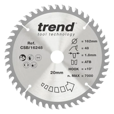 Image of Trend Wood Cordless Circular Saw Blade, 162mm Diameter, 20mm Bore, 48 Teeth, TCT, 1.8mm Kerf, +15 Hook, CSB/16248