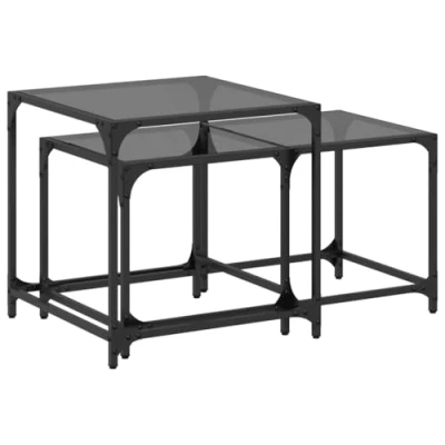 Image of vidaXL Nesting Coffee Tables Engineered Wood/Steel/Black Glass Modern Furniture for Living Room/Bedroom/Office Versatile Side/Nightstand/Coffee 50x50x50 cm/40x78.5x40 cm