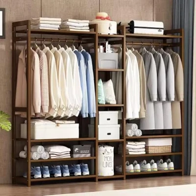 Image of angrounps Garment Rack with 13 tier Storage Shelves Back and Tidy Rail, Bamboo Clothes Open Wardrobe Closet, Clothing Standing for Bedroom Hallway Entryway 170x30x150cm