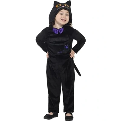 Image of Smiffys Toddler Cat Costume, Black with Hooded Jumpsuit &amp; 3D Printed Eyes, Halloween Child Fancy Dress, Dress Up Costumes