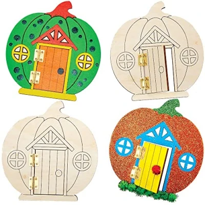Image of Baker Ross FX250 Pumpkin Wooden Fairy Doors Pack of 4, Halloween Wood Craft Decoration Kit for Kids