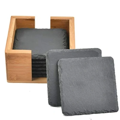Image of 8 Pcs Natural Slate Coasters,Slate Drink Coasters,Bulk Square Stone Cup Coaster Black Coasters Set Drinks with Wood Holder for Drinks, Cups, Bar, Glass (10x10cm)