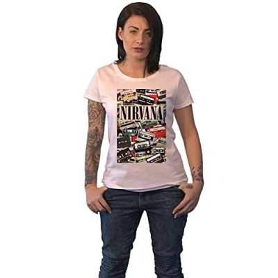 Image of Nirvana T Shirt Cassettes Band Logo Official Womens Skinny Fit White M