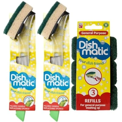 Image of 2X Dishmatic Fillable Washing up Brush and Sponge Easy Grip Dish Cleaner with 3X General Purpose Refills