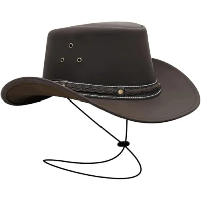 Image of BRANDSLOCK Cowboy Hat Women Men Real Leather Western Style Wide Brim Cowgirl Shapeable Lightweight Handcrafted Durable Bush Brown