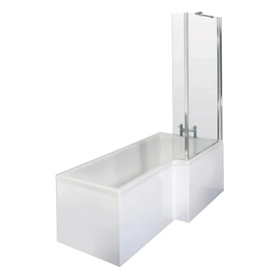 Image of L Shape Right Hand Shower Bath Bundle Includes Tub, Screen with Fixed Return &amp; Front Panel 1500mm