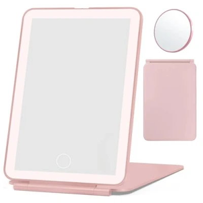 Image of DRERIO Makeup Vanity Mirror with Lights and Detachable 7X Magnification,Portable Cosmetic Rechargeable Travel Light up 49 Led Adjustable Lighted for Beauty (Pink)