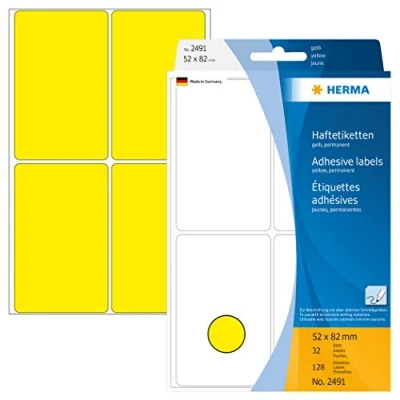 Image of HERMA Multi Purpose Labels, 4 Labels per Sheet, 32 Sheets, 52 x 82 mm, 128 Self Adhesive Large Stickers, Blank Sticky for Office Kitchen Home, Yellow