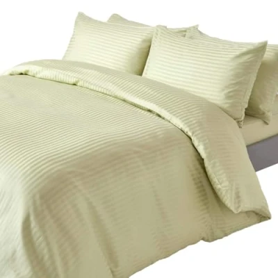 Image of HOMESCAPES Sage Green Pure Egyptian Cotton Duvet Cover Set Double 330 TC 500 Thread Count Equivalent Satin Stripe Quilt 2 Pillowcases Included Bedding