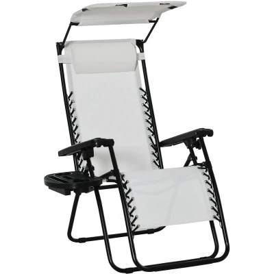 Image of Outsunny Foldable Reclining Garden Chair with Headrest, Zero Gravity Deck Sun Lounger Seat Footrest, Armrest, Cup Holder &amp; Canopy Shade, White