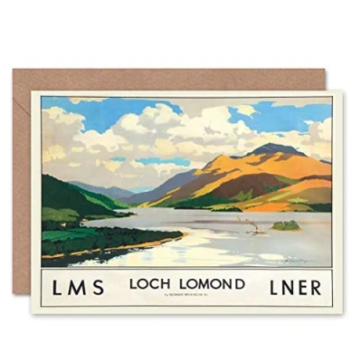 Image of Wee Blue Coo TRAVEL SCOTLAND LOCH LOMOND RAIL BIRTHDAY BLANK GREETINGS CARD