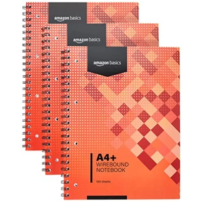 Image of Amazon Basics Wirebound Notebook, 100 Sheets, 200 Pages A4+, 80GSM, red, Pack of 3