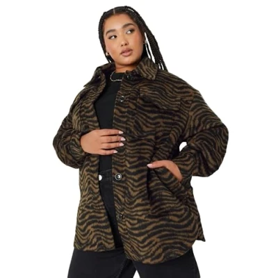 Image of Yours Curve Zebra Print Shacket Women&#039;s Plus Size Brown