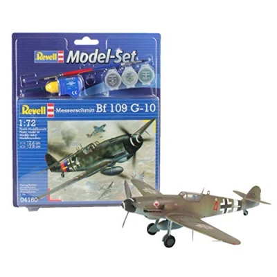Image of Revell Model Set 64160 Messerschmitt Bf 109 1:72 Scale Unbuilt/Unpainted Plastic Kit with Contacta Professional Glue, Paintbrush &amp; Selected Aqua Color Paints