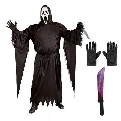 Image of Adult Mens Official Scream Ghost Face Costume (PLUS SIZE) + Black Gloves Bleeding Machete : Halloween Fancy Dress