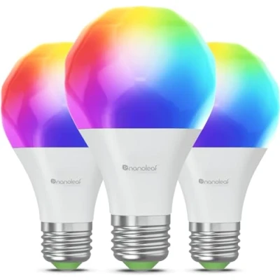Image of Nanoleaf Matter Essentials E27 LED Bulbs, Pack of 3 RGBW Dimmable Smart Bulbs over Thread, Bluetooth Colour Changing Light Works with Google Apple, Room Decor &amp; Gaming