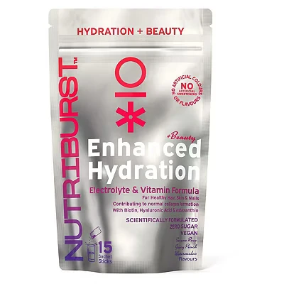 Image of Nutriburst Enhanced Hydration + Beauty Electrolytes 11 Vitamins &amp; Minerals Energy Radiant Skin Nourish Hair Performance Suitable for Vegans 15 Pack: Peach, Rose Watermelon