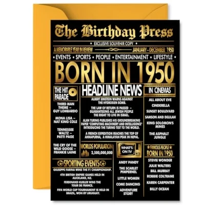 Image of Gold 75th Birthday Card for Men Women Black &amp; Golden Newspaper Born in 1950 Happy 75 Cards Cousin Auntie Dad Nan Nanny Brother, 5x7 Inch Bday Greeting