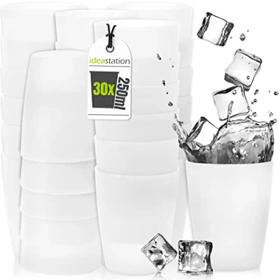 Image of idea station Plastic Cups 30 x 250 ml Transparent Cocktail Glasses Perfect Party for Cold &amp; Hot Drinks Reusable Camping Kitchen, BBQ, Birthdays, Outdoor Activities