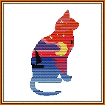 Image of Cross Stitch Kits Stamped, OWN4B Cat Printed Pattern 11CT 11.8x11.8 inch DIY Embroidery Kit (Cat)