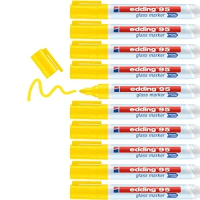 Image of edding 95 glass marker yellow 10 pens round nib 1.5 3 mm washable window pen for writing and marking on surfaces, windows, glassboards, whiteboards dry wipeable
