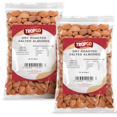 Image of Tropgo Roasted Almonds 500g Pack of 2 Packed Fresh, Salted Almond Nuts with Fibre, Protein, and Minerals, Perfect for Snacking Kosher Approved, Large Bulk Food Buy