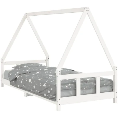Image of vidaXL Kids Bed Frame in White Sturdy Solid Pine Wood Ground Level Design Tipi Style Framework Charming Rustic Look, Fits Mattress Size 90x200 cm