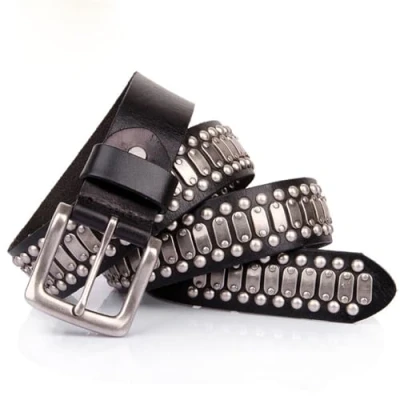 Image of Surrycee Studded Belt Metal Punk Rock Rivet Genuine Leather Goth For Men/Women Jeans Skirt, 38mm Wide,Black,115cm/waist:38&quot; 40&quot;