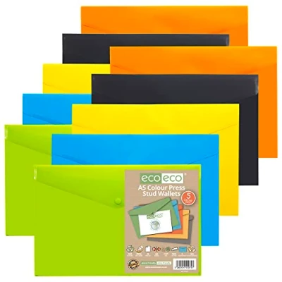 Image of eco A5 50% Recycled Assorted Colours Press Stud Popper Wallet, Plastic Folders (Pack of 10), Green, Black, Blue, Yellow, Orange, eco075x2