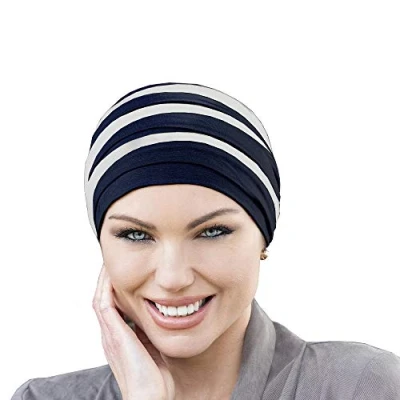 Image of MASUMI Chemo Organic Headwear DORNA Turban Hat Cancer for Women with Hair Loss Alopecia Hats &amp; Coverings 95% Breathable Bamboo (Colour: Navy White)