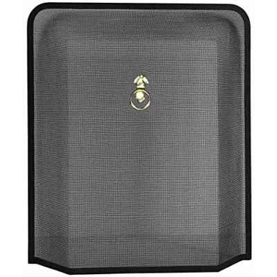 Image of Metal Fire Guard Fireplace Spark Stove Screen Single Panel Transparent Brass Ring Handle, Black FIRE40