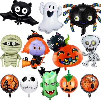 Image of 12 Pcs Oversized Halloween Balloons Foil Party Decorations for Kids Spider Bat Ghost Witch Pumpkin Helium Balloon