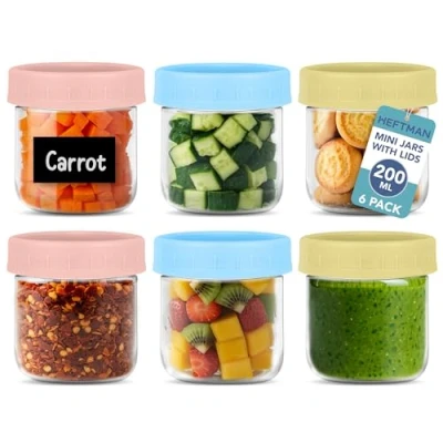 Image of HEFTMAN Small Breakfast Pots with Lids 6 x 200ml Storage Jars for Lunch Box, Baby Food, Sauces, Fruits Airtight Glass Overnight Oats Fridge, Pantry (200ml Pack)