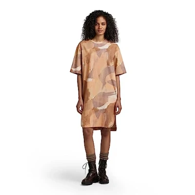 Image of G Star RAW Womens Boxy U Tee Allover Dress Brown Cotton Size Medium