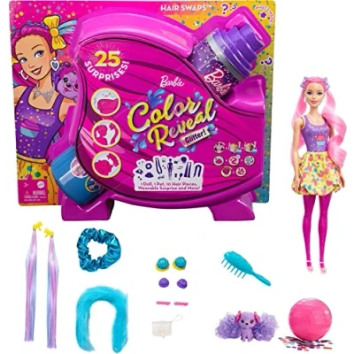 Image of Barbie Color Reveal Glitter Hair Swaps Doll, Glittery Pink with 25 Hairstyling &amp; Party Themed Surprises Including 10 Plug In Pieces, Gift for Kids 3 Years Old Up