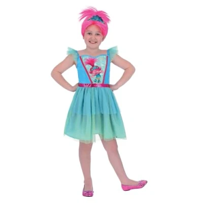 Image of Smiffys Trolls Band Together Poppy Costume, Childrens Pink Dress with Glitter Tulle Skirt, Official License Outfit Shoulder Detail &amp; Print, Halloween Fancy