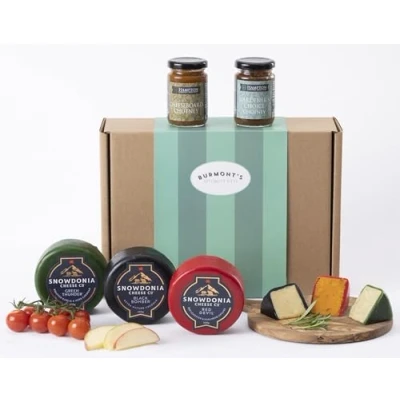 Image of Snowdonia Cheese Company Gift Hamper Containing Three, 200g Truckles Little Black Bomber, Red Devil &amp; Green Thunder. Also Includes Two Chutneys Exclusive To Burmont&#039;s