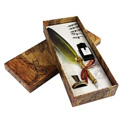 Image of Jerbro Quill Pen, Handcrafted Pen and Ink Set, Antique Dip Feather Set Calligraphy Writing with Holder Gift (Green)