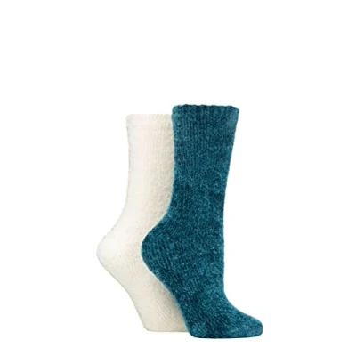 Image of Elle Ladies Super Soft Silky Cosy Chenille Leisure Socks Pack of 2 Size 4 8 in Assorted Colours Perfect for Lounging (Blue Coral)